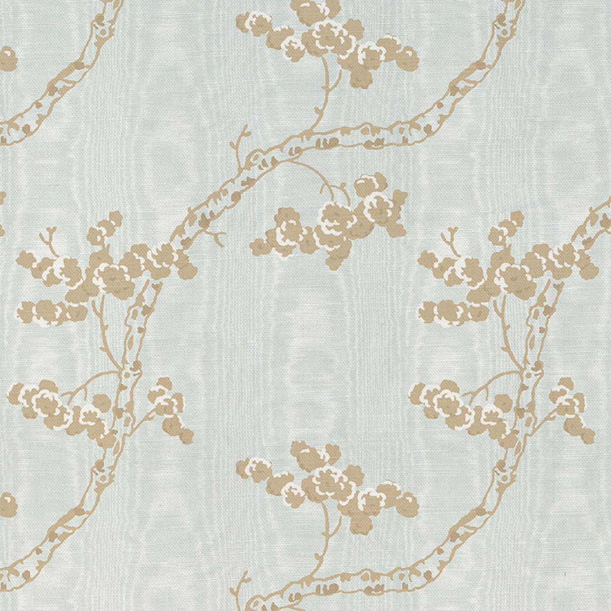 Pearl blue-grey fabric with taupe flowering branches and subtle vertical woven texture