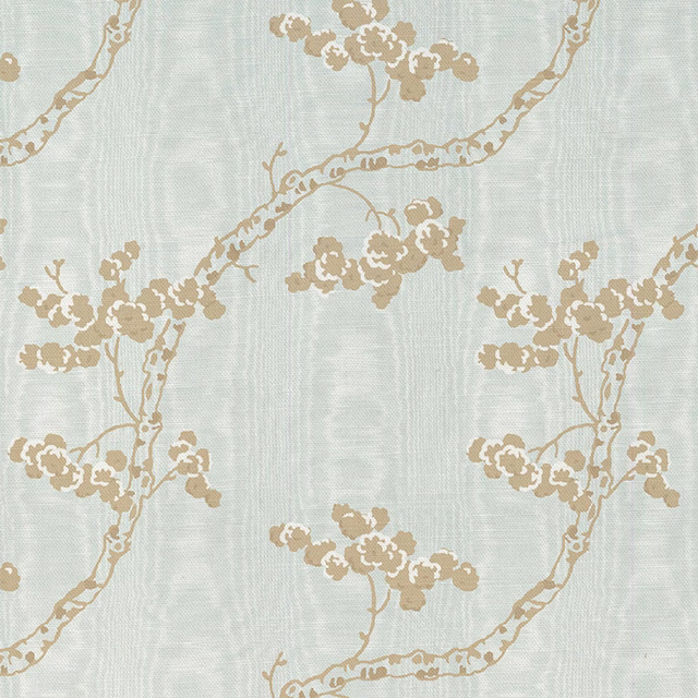 Pearl blue-grey fabric with taupe flowering branches and subtle vertical woven texture