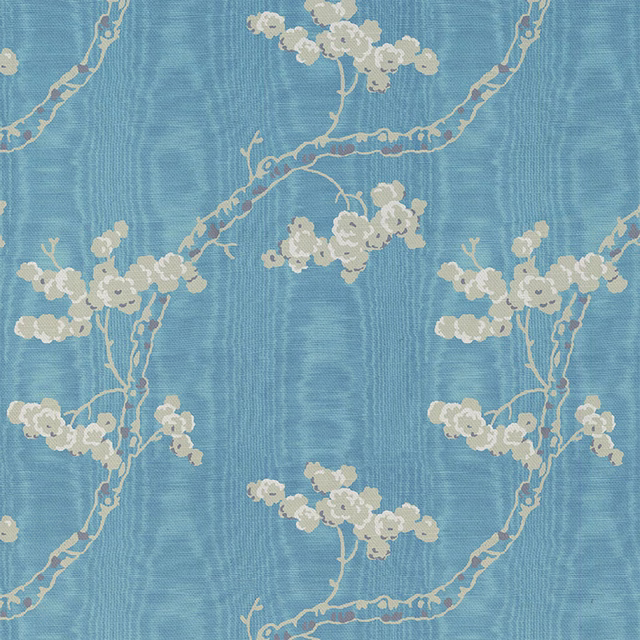 Cool aqua-blue fabric with cream blossom branches and softly textured vertical ground