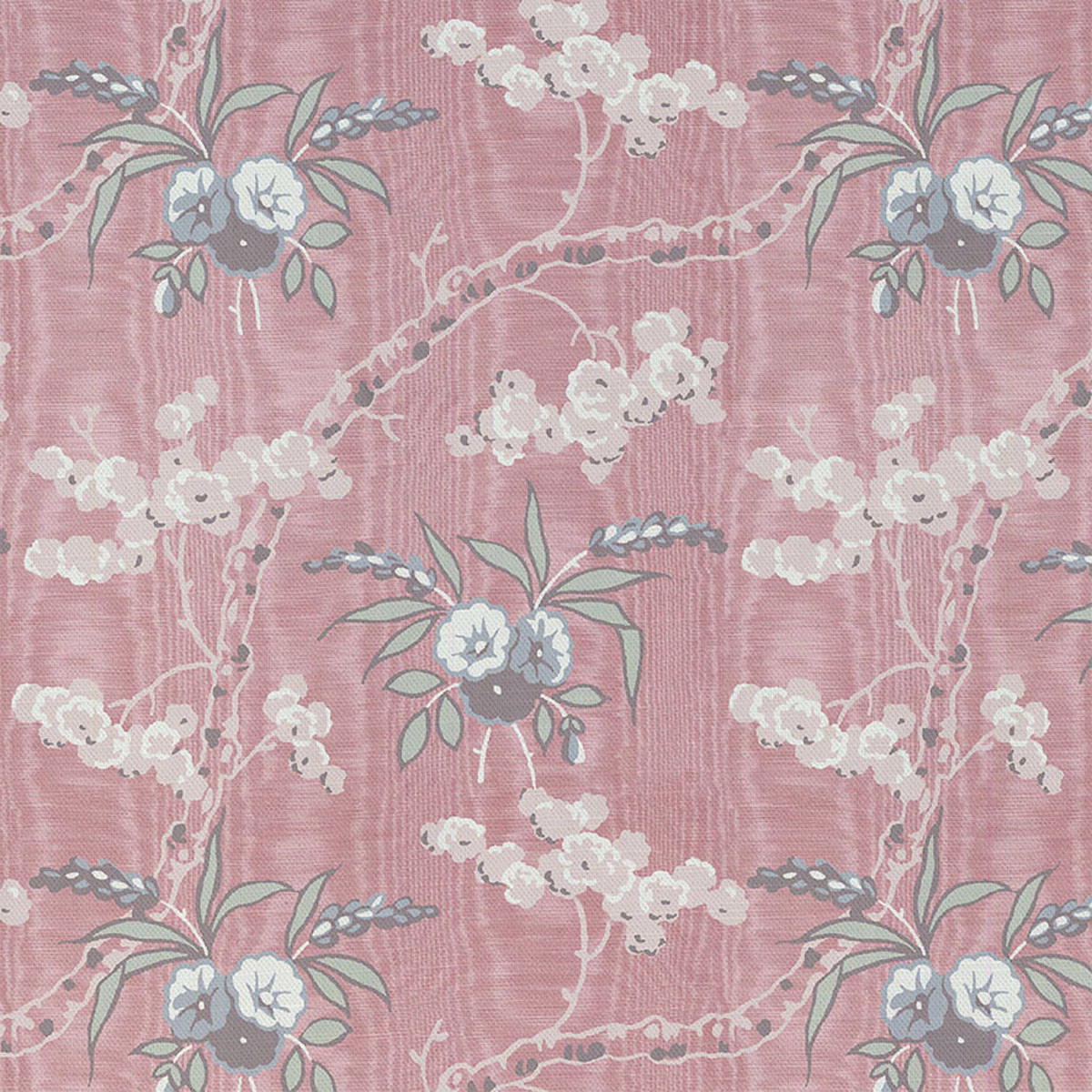 Dusty rose fabric with cream blossom sprays, sage leaves and blue-grey floral accents