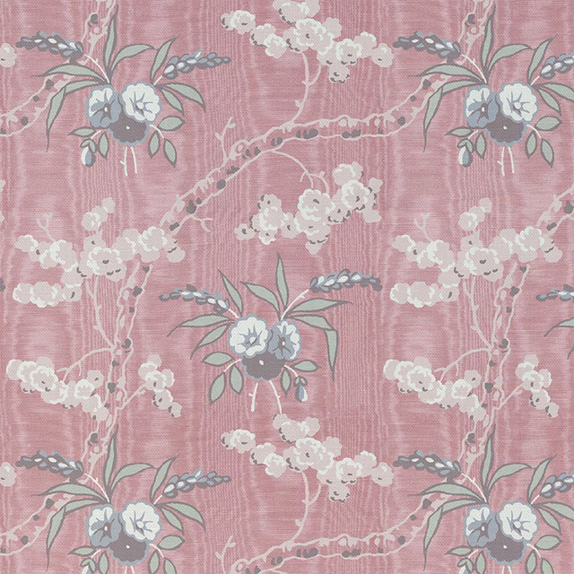 Dusty rose fabric with cream blossom sprays, sage leaves and blue-grey floral accents