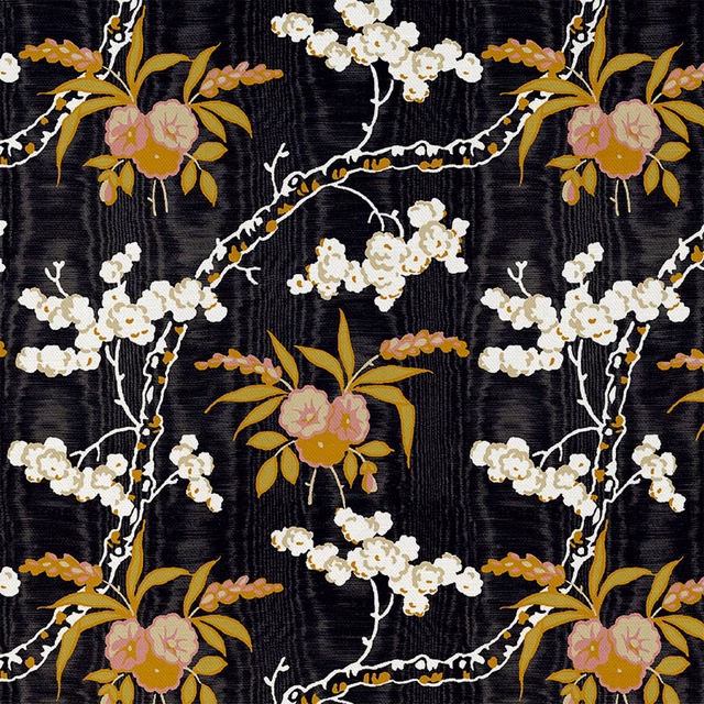 Jet-black textured fabric with cream blossom branches and ochre-pink floral sprays