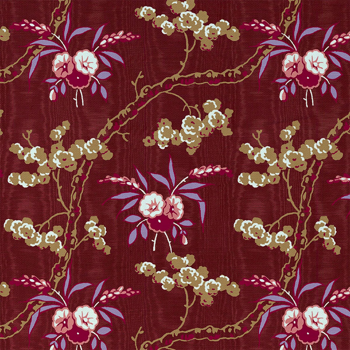 Deep madder-red floral textile with cream blossoms, lilac leaves and ochre branches