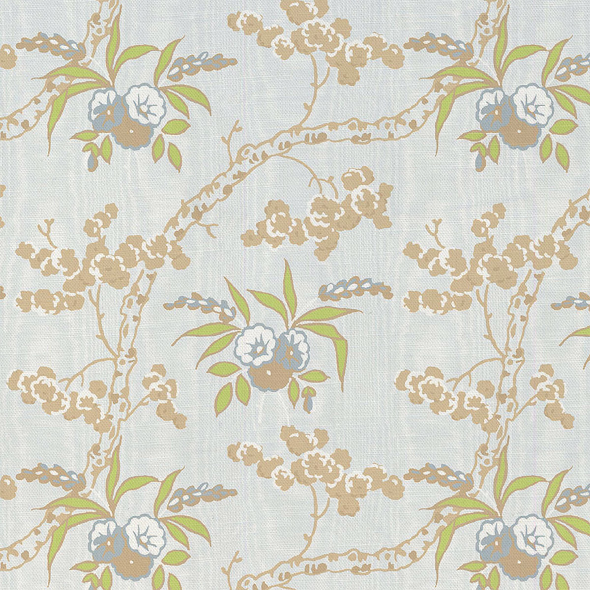 Powder-blue floral fabric with taupe branches, green leaves and blue blossoms