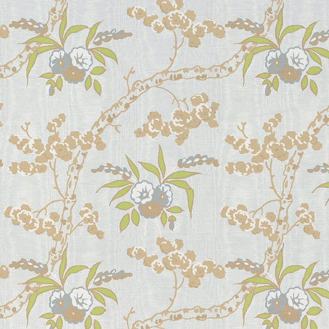 Powder-blue floral fabric with taupe branches, green leaves and blue blossoms