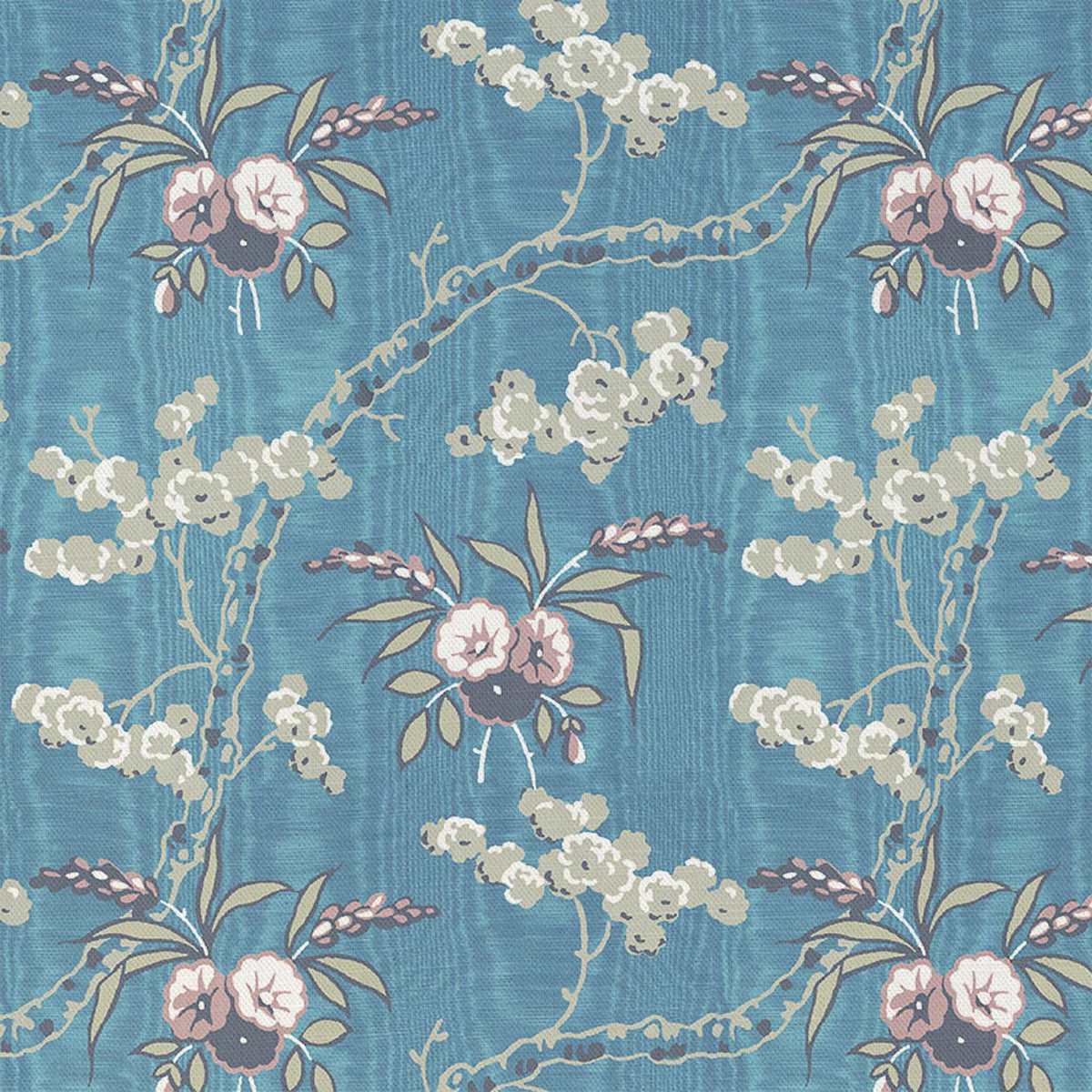 Spring-blue floral fabric with cream blossom sprays, blush blooms, olive leaves and slub texture