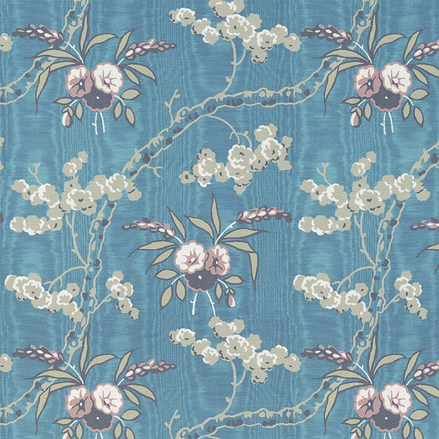Spring-blue floral fabric with cream blossom sprays, blush blooms, olive leaves and slub texture