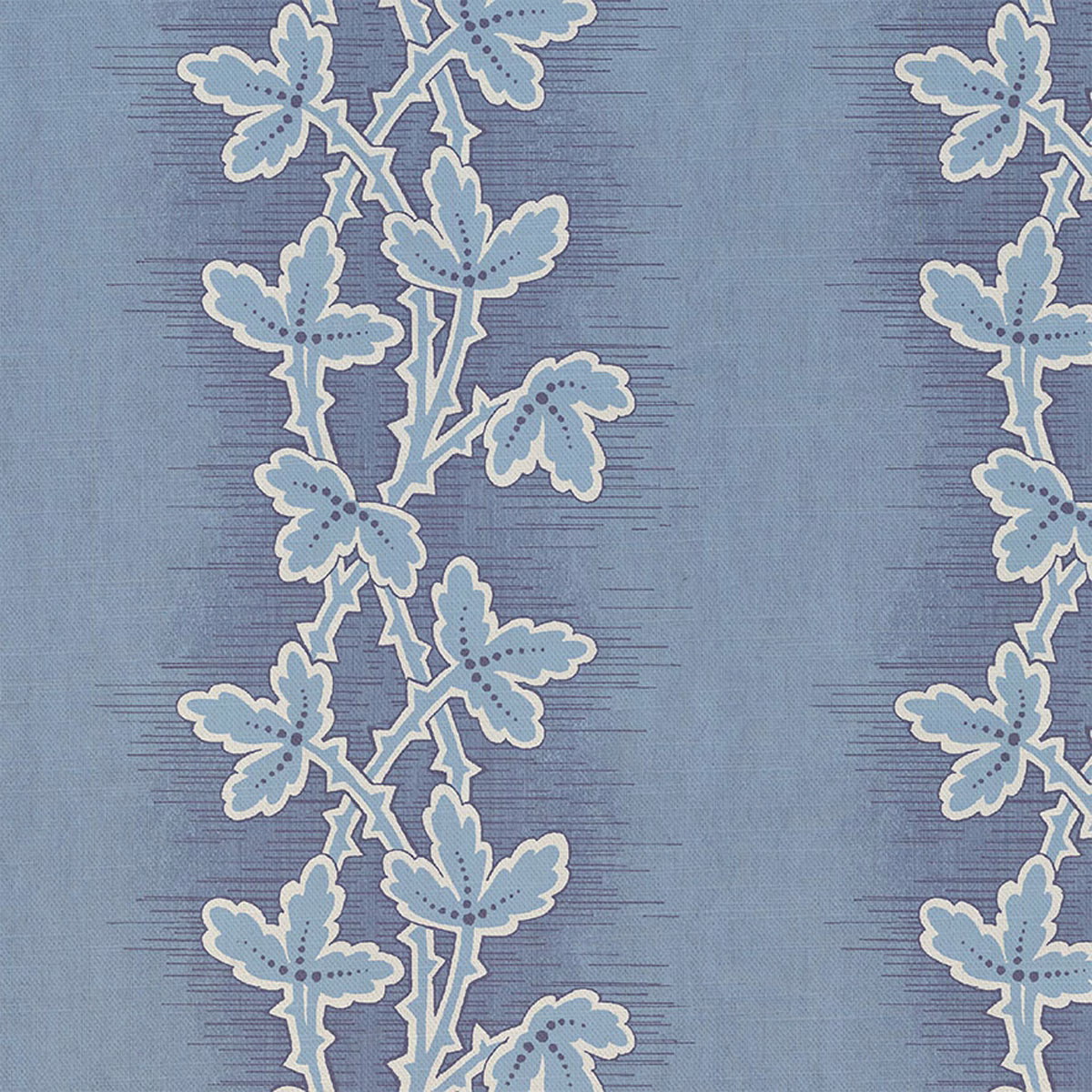 Dusty blue woven fabric with cream-edged leafy vines in vertical bands