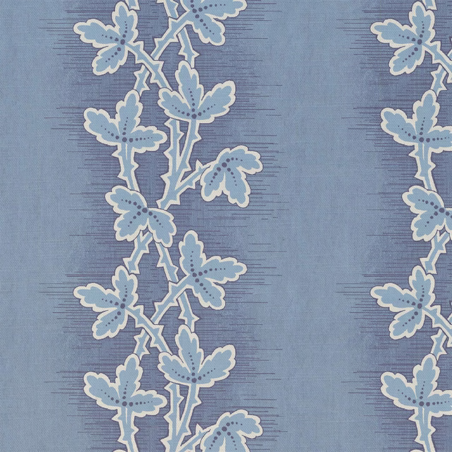 Dusty blue woven fabric with cream-edged leafy vines in vertical bands