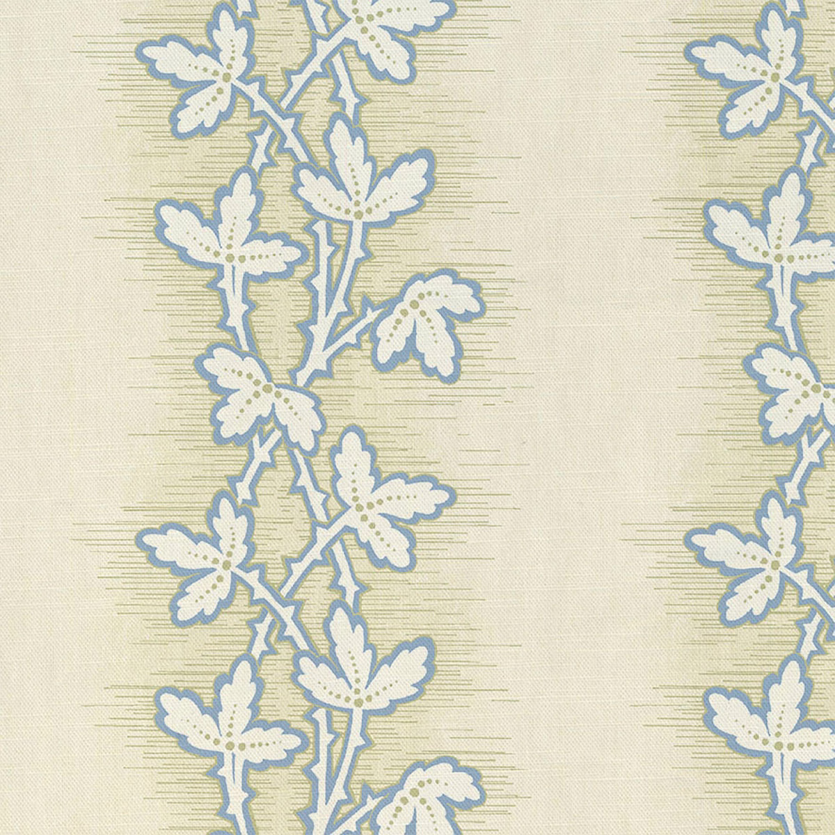 Pale cream fabric with dusty blue leafy stems and fine horizontal weave