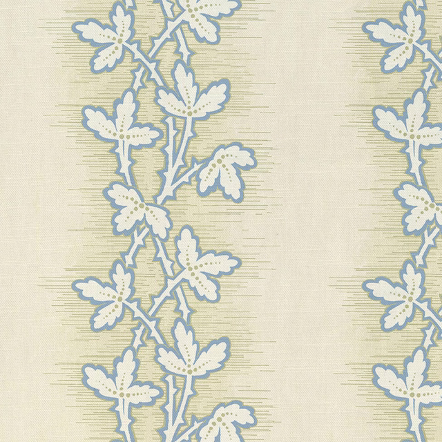 Pale cream fabric with dusty blue leafy stems and fine horizontal weave