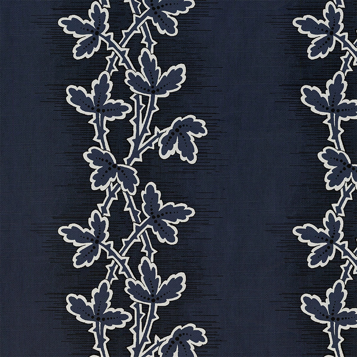 Deep denim woven ground with cream-edged trailing leaf and blossom motifs