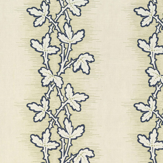 Cream woven fabric with vertical leafy stems outlined in cool denim blue