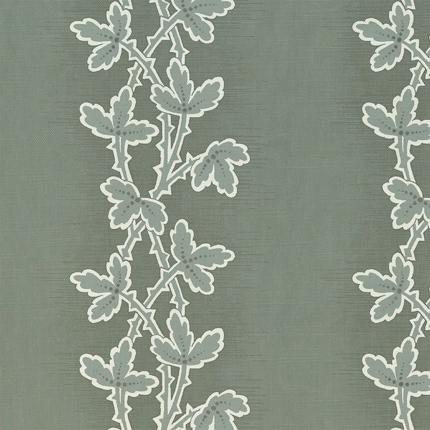 Muted sage-grey woven ground with cream outlined climbing leaf trails