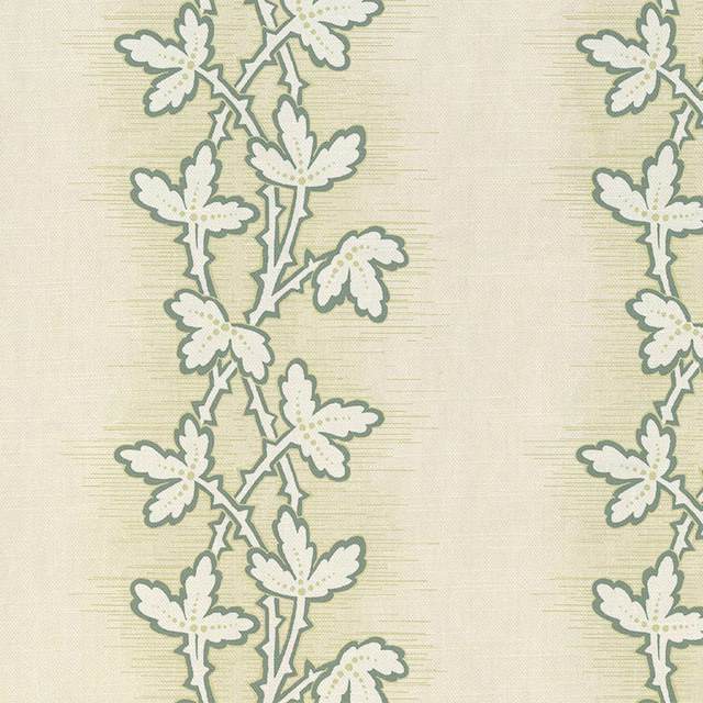 Pale French-grey ground with sage outlined leafy stems in a vertical repeat