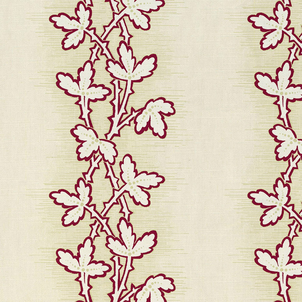 Ivory woven fabric with deep madder-red leafy botanical trails in vertical columns