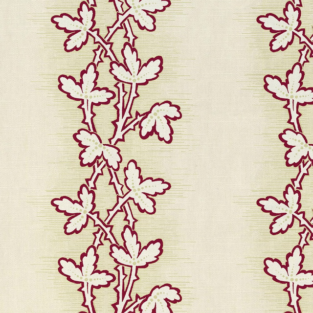 Ivory woven fabric with deep madder-red leafy botanical trails in vertical columns