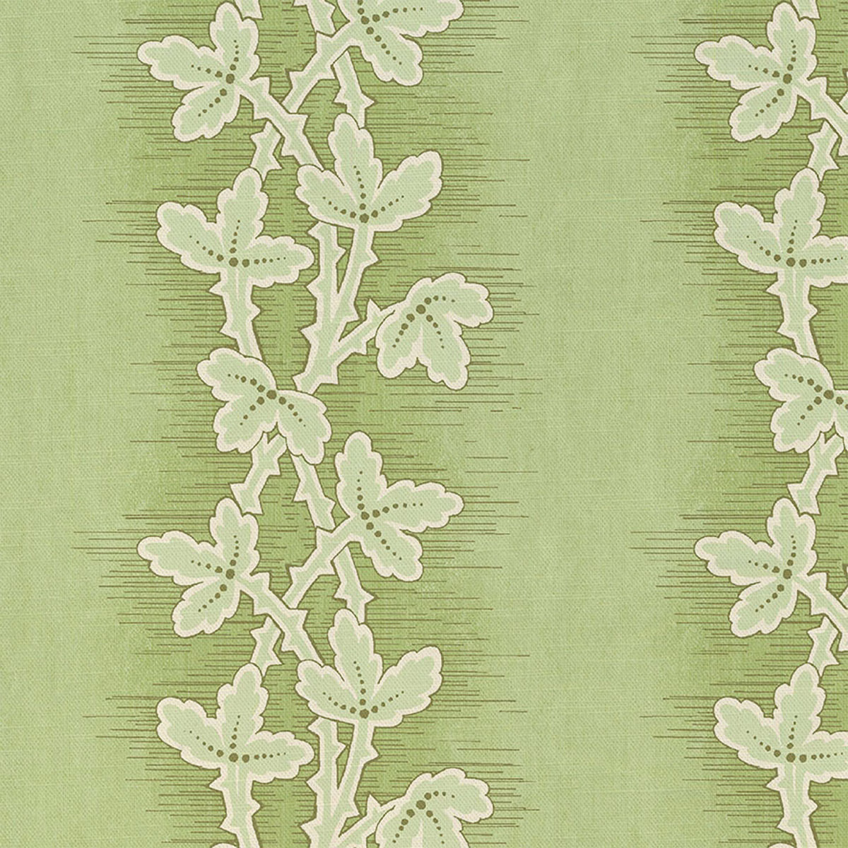 Soft summer-green textile with cream leafy vines and fine horizontal woven texture