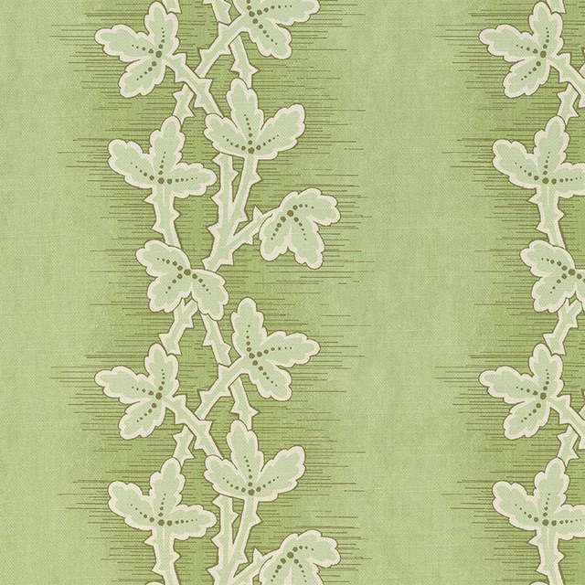 Soft summer-green textile with cream leafy vines and fine horizontal woven texture