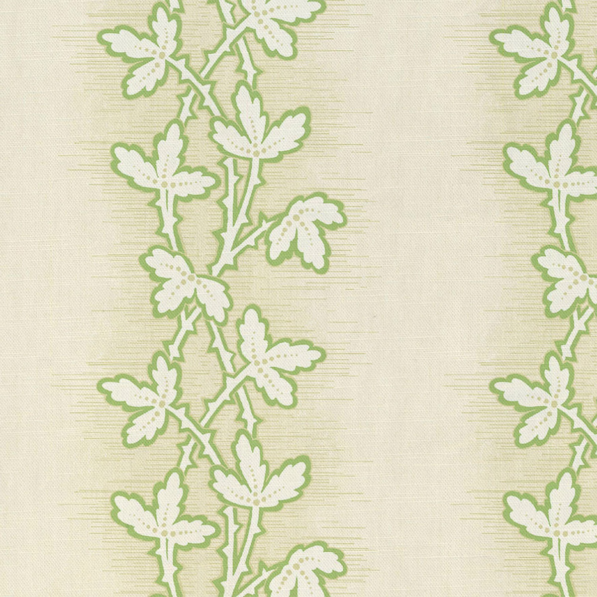 Pale ivory textile with cool summer-green leafy botanical stripes and fine horizontal texture