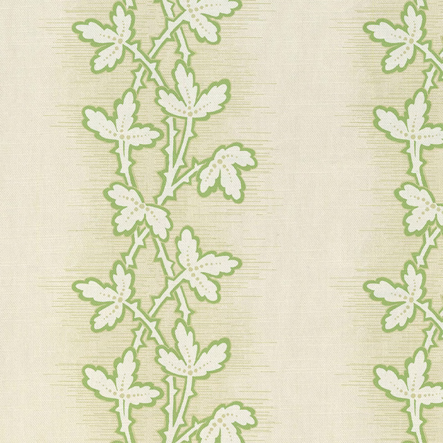 Pale ivory textile with cool summer-green leafy botanical stripes and fine horizontal texture