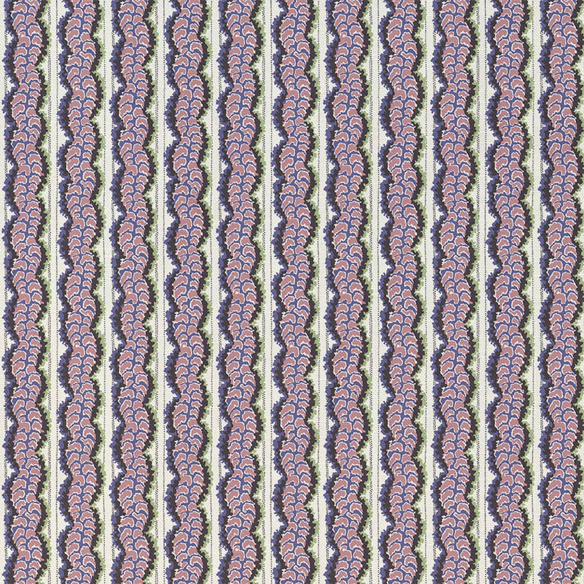 Dusty rose fern columns with blue-grey outlines and olive accents on pale ground