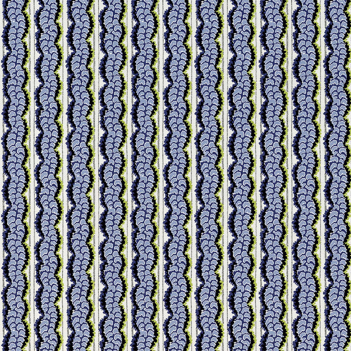 Blue-lilac fern columns with navy edging and olive accents on a cream ground