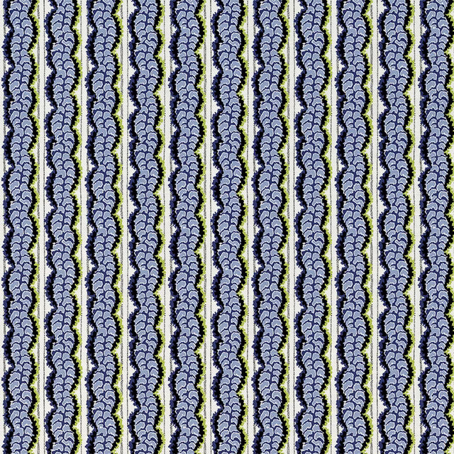 Blue-lilac fern columns with navy edging and olive accents on a cream ground