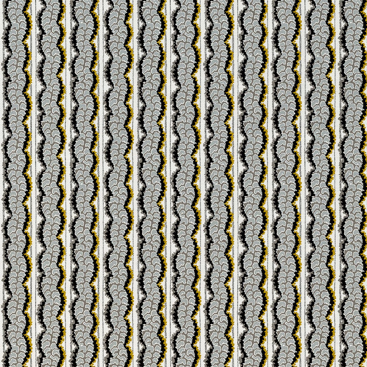 Charcoal grey fern-like vertical stripes on a cream ground with muted ochre accents