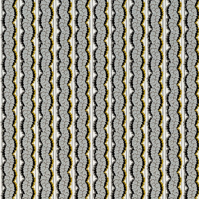 Charcoal grey fern-like vertical stripes on a cream ground with muted ochre accents