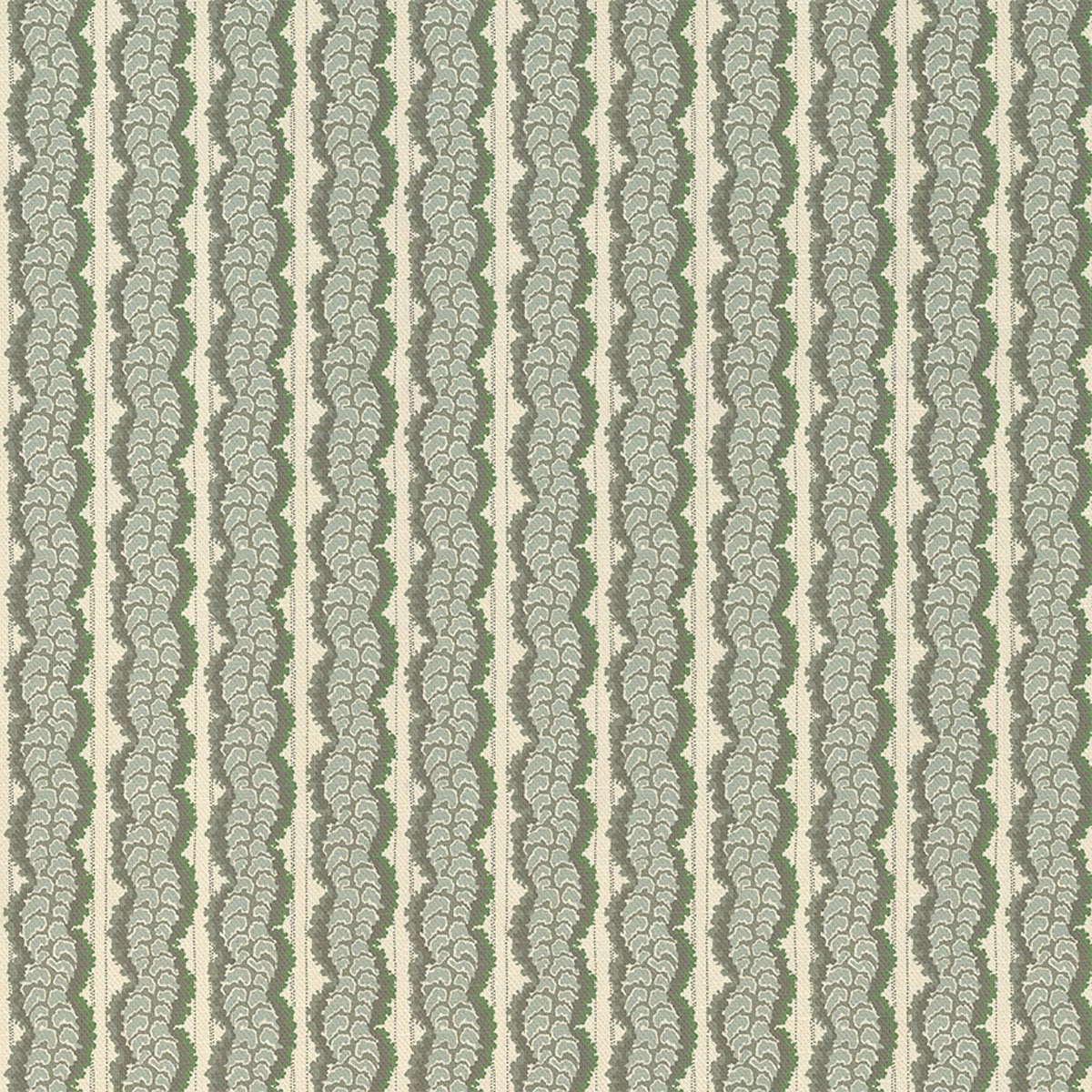 Cool sage-grey fern columns woven across a pale ivory-grey textured fabric