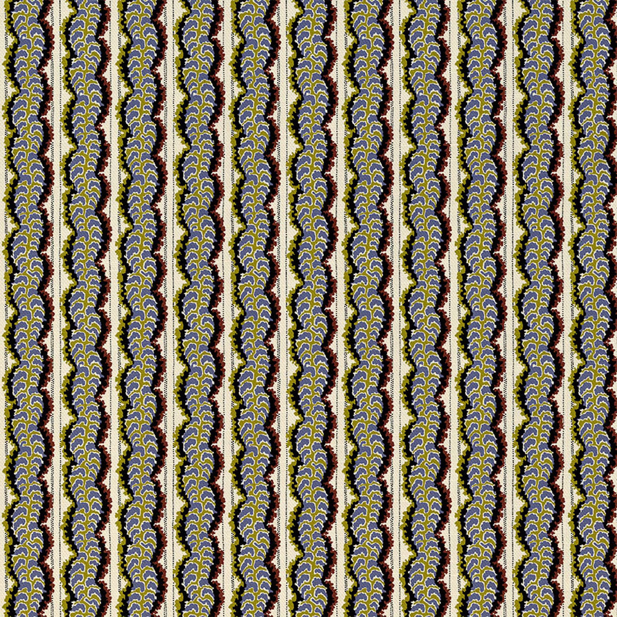Ink-blue and olive fern-like columns on a cream ground with dark outlines