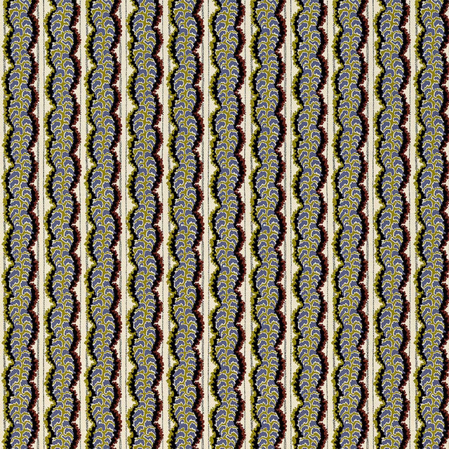 Ink-blue and olive fern-like columns on a cream ground with dark outlines