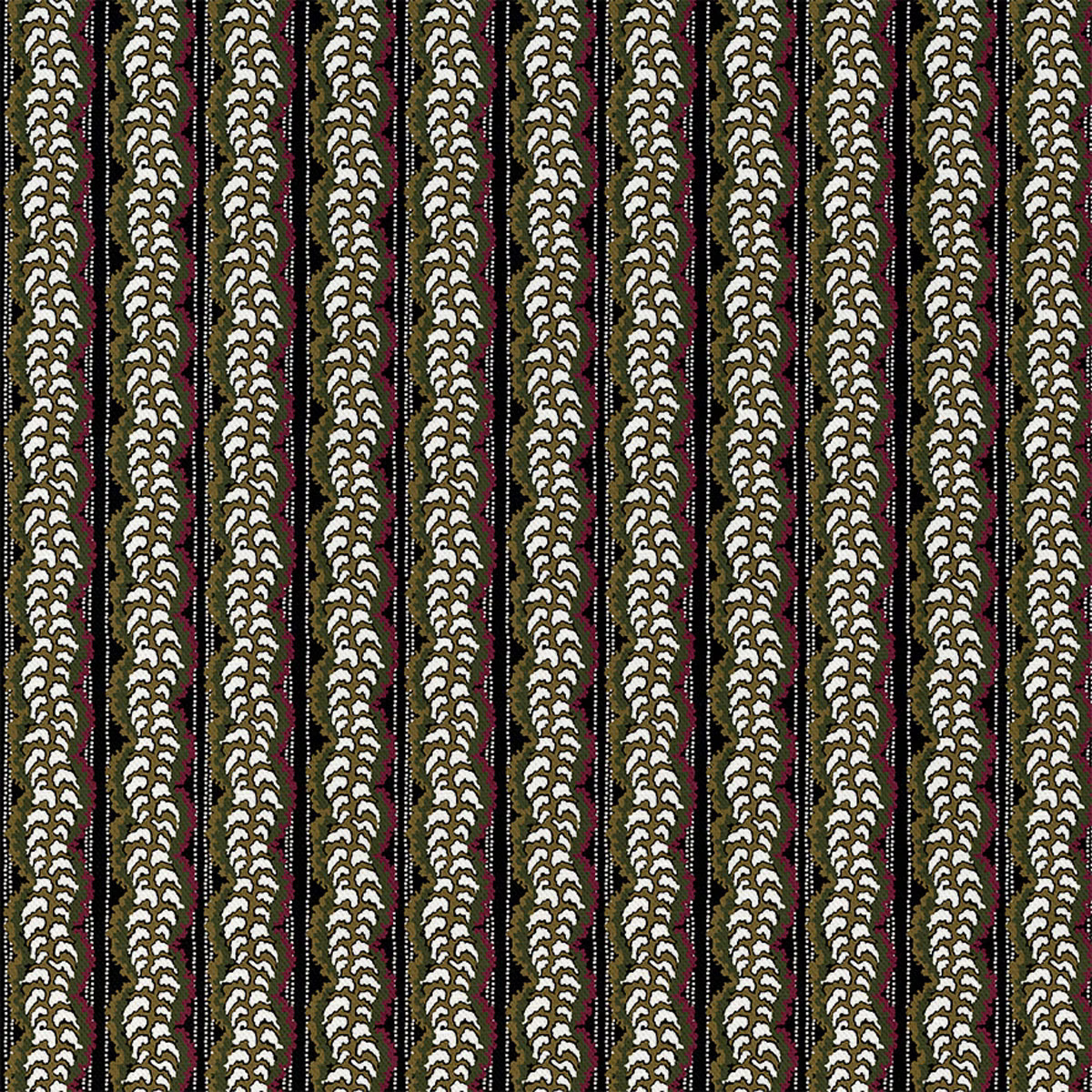 Jet-black fabric with repeating ivory fern columns, olive leaves and muted red accents