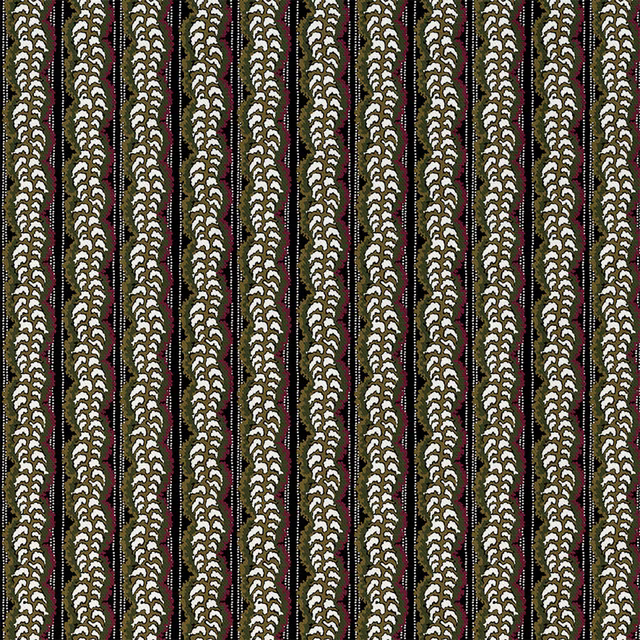 Jet-black fabric with repeating ivory fern columns, olive leaves and muted red accents
