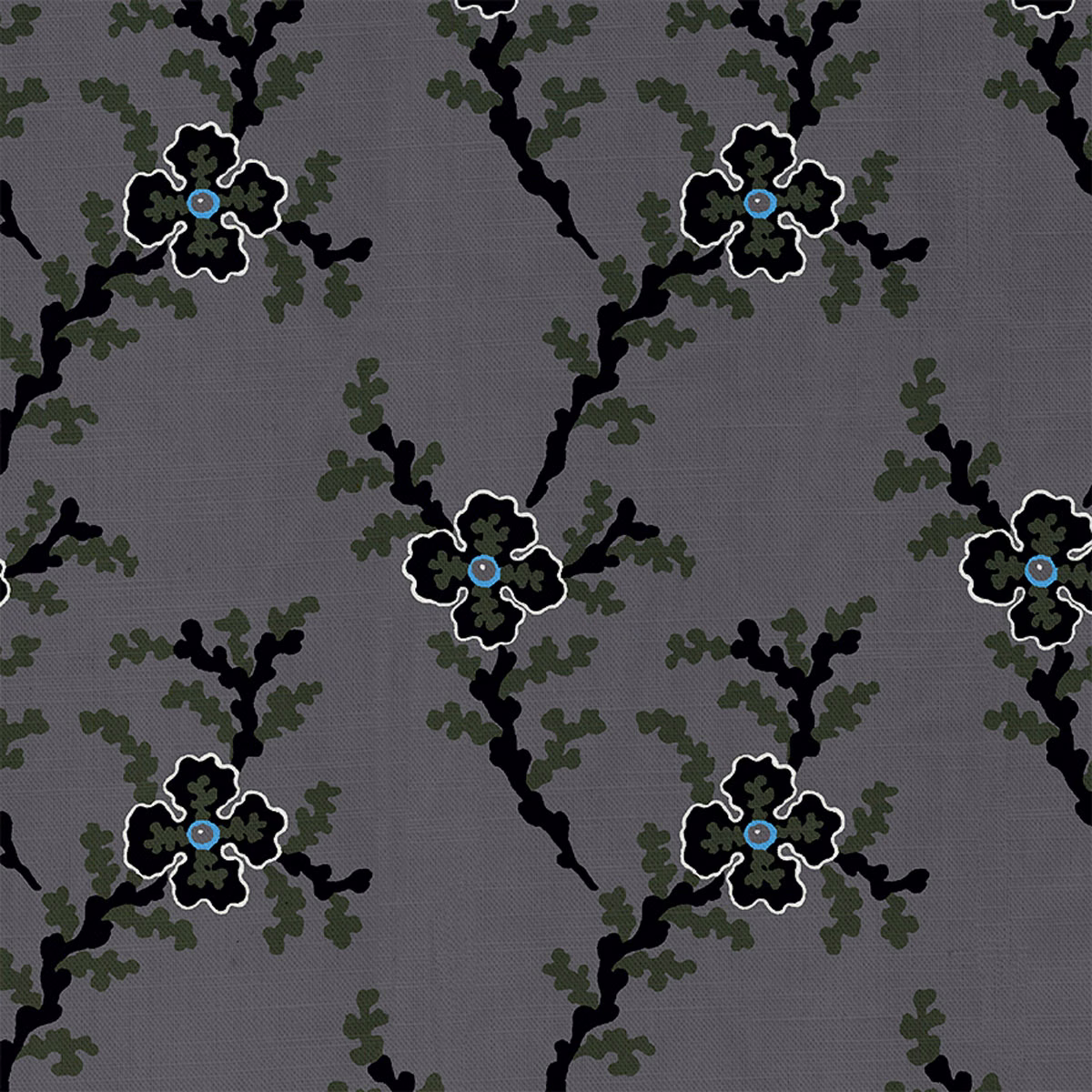 Charcoal-grey fabric with black botanical branches, olive leaves and white-outlined flowers