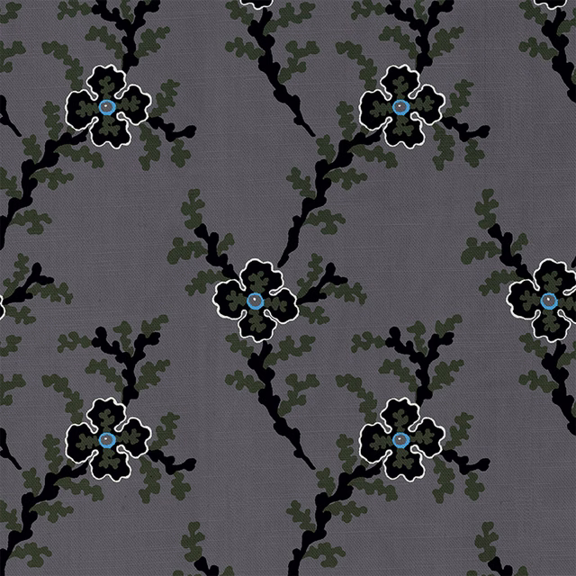Charcoal-grey fabric with black botanical branches, olive leaves and white-outlined flowers