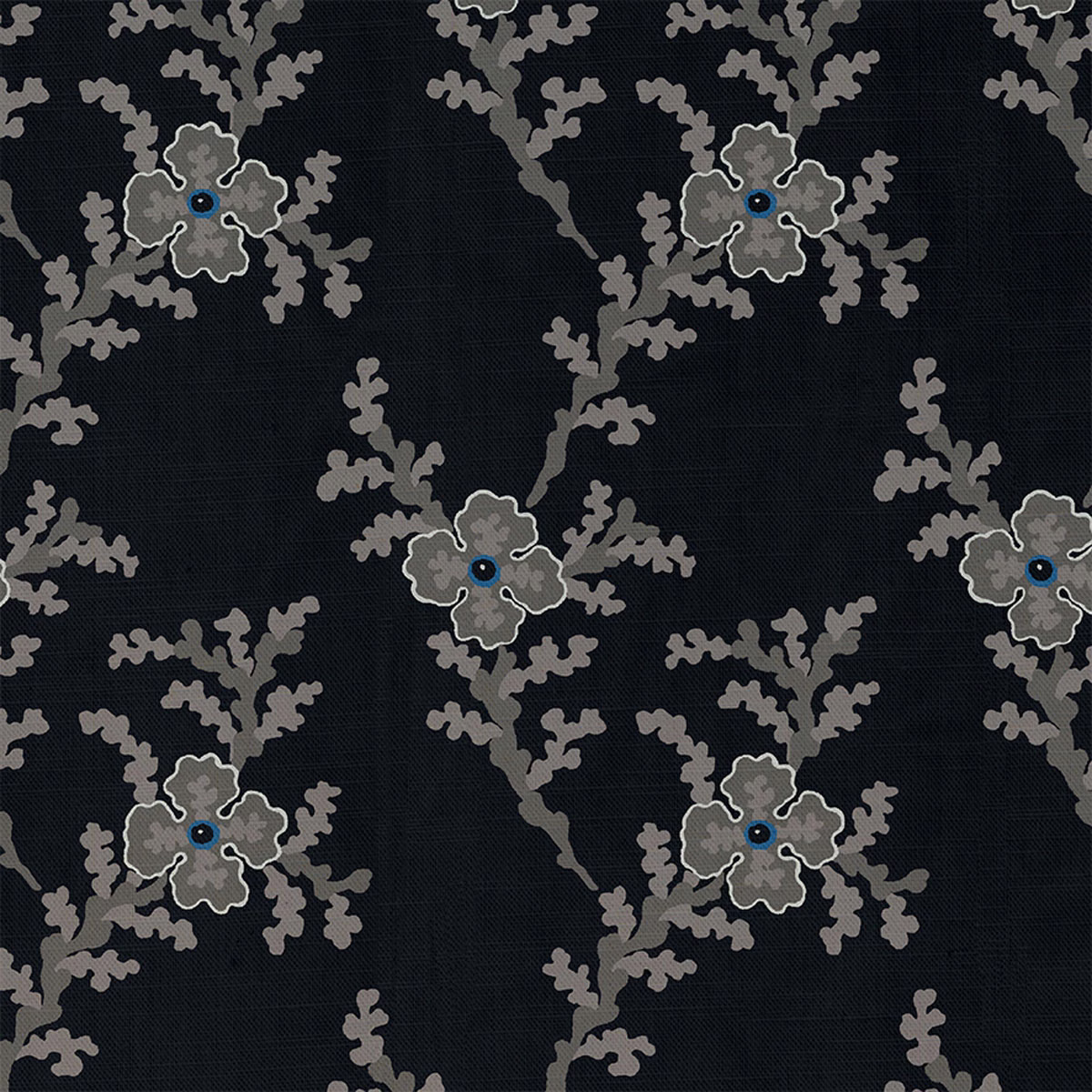 Charcoal-black floral textile with grey branching sprays, pale outlines and blue flower centres