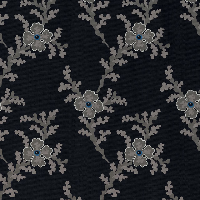 Charcoal-black floral textile with grey branching sprays, pale outlines and blue flower centres