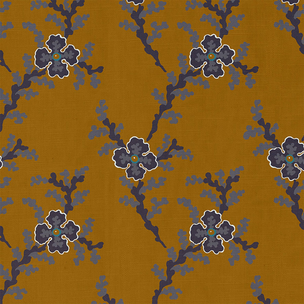 Warm ochre fabric with dark branching botanicals, slate-blue leaves and outlined floral motifs