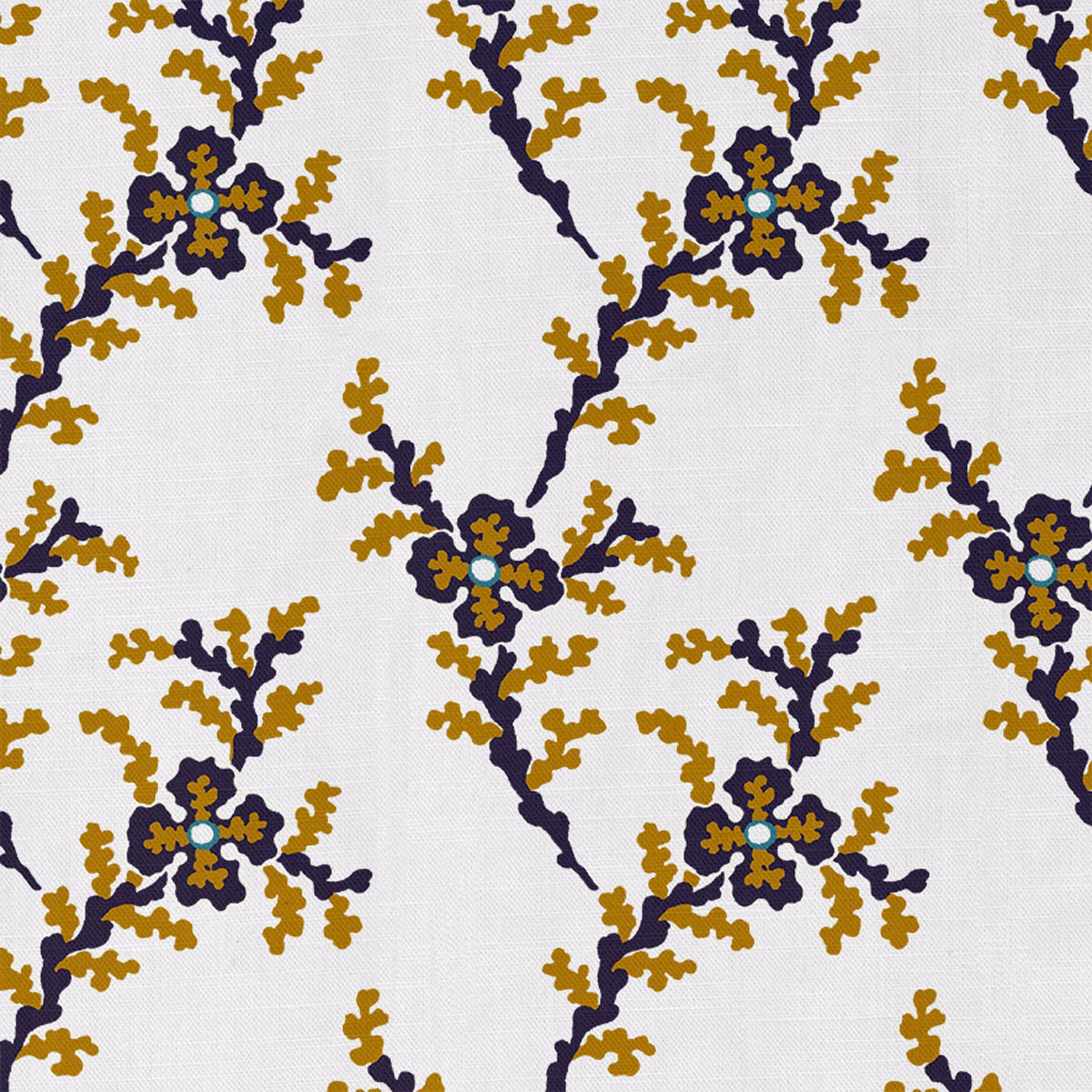 Warm white botanical fabric with ochre branches, navy stems and turquoise flower centres