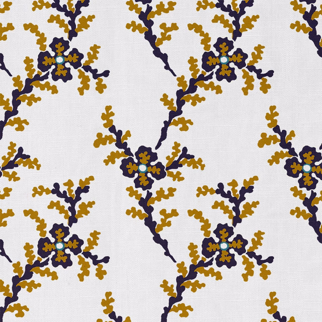 Warm white botanical fabric with ochre branches, navy stems and turquoise flower centres