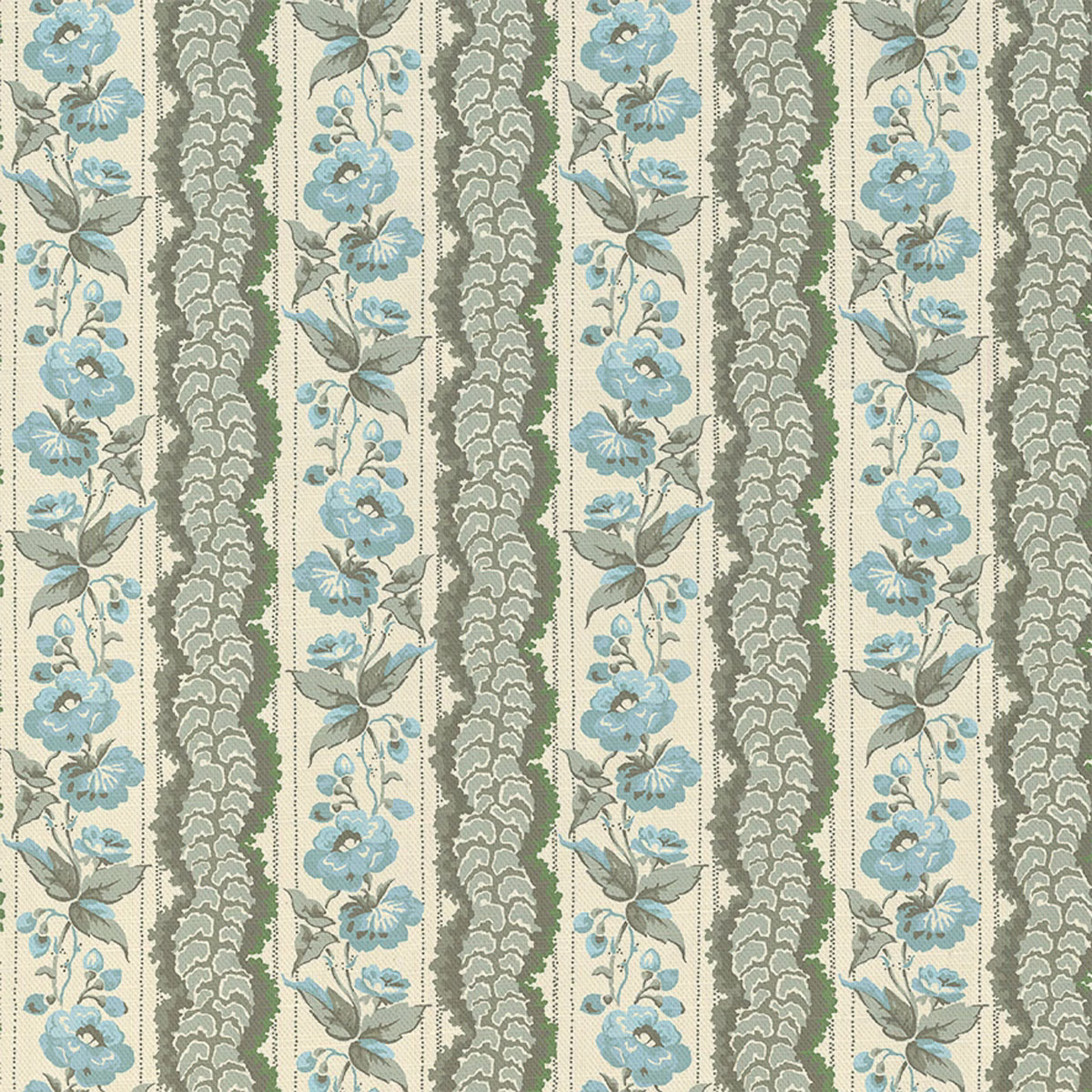 French grey fabric with blue flowers and vertical grey-green foliage stripes