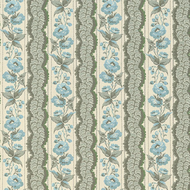 French grey fabric with blue flowers and vertical grey-green foliage stripes