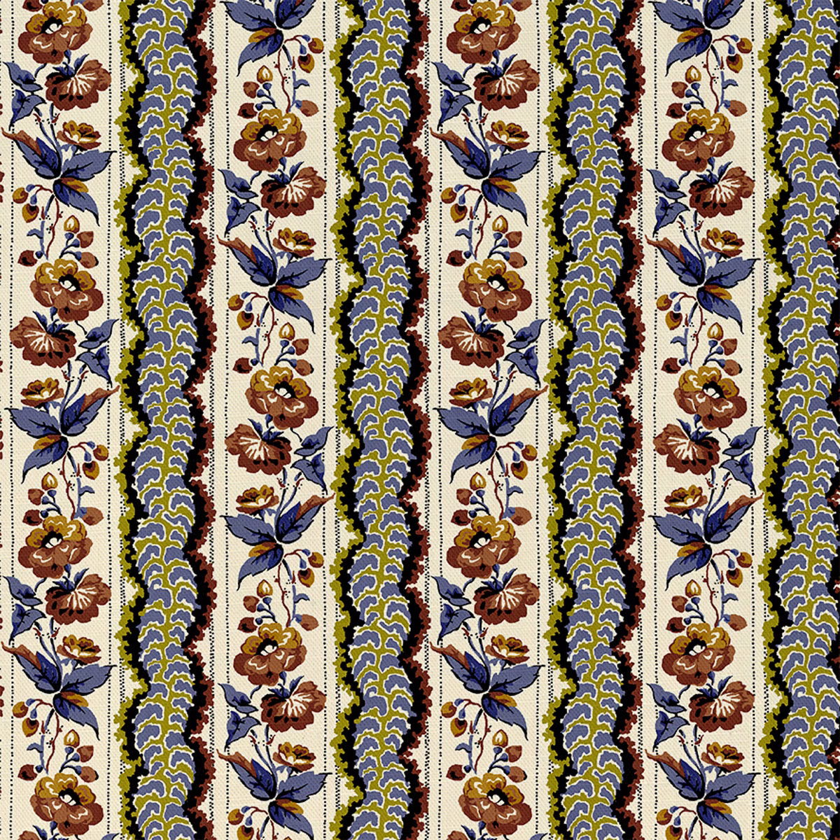 Ink-blue and russet floral stripes on a cream ground with ochre scalloped bands