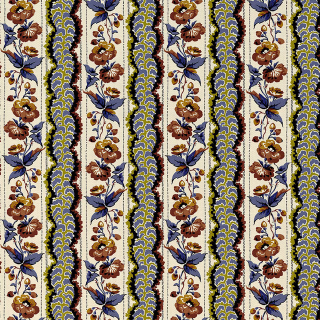 Ink-blue and russet floral stripes on a cream ground with ochre scalloped bands