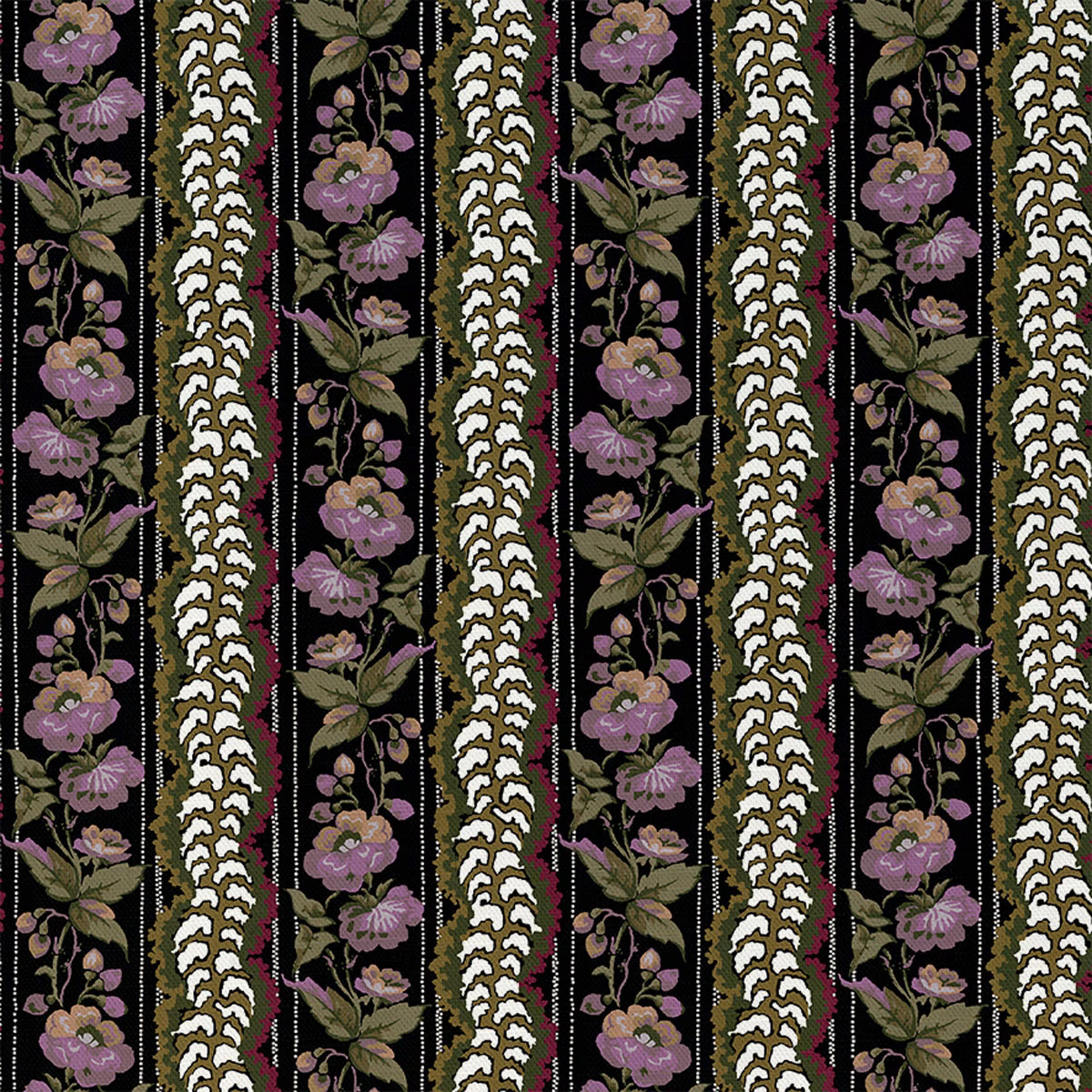 Jet-black floral stripe with mauve blossoms, olive leaves and cream vertical motifs