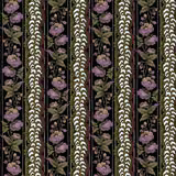 Jet-black floral stripe with mauve blossoms, olive leaves and cream vertical motifs
