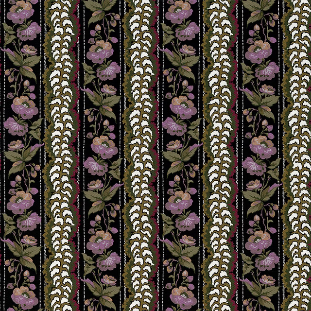 Jet-black floral stripe with mauve blossoms, olive leaves and cream vertical motifs