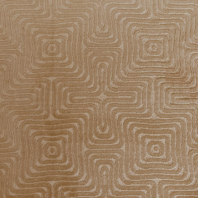 Warm bronze-taupe woven fabric with raised nested maze squares and softly varied texture